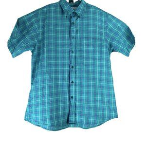 Vintage Size Small Shirt Button Down Short Sleeved Plaid Teal Blue Main Stream